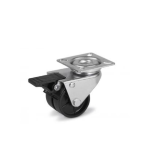 Pressed steel light duty castors wheel POC black nylon.  Plain bearing/ LC80kg